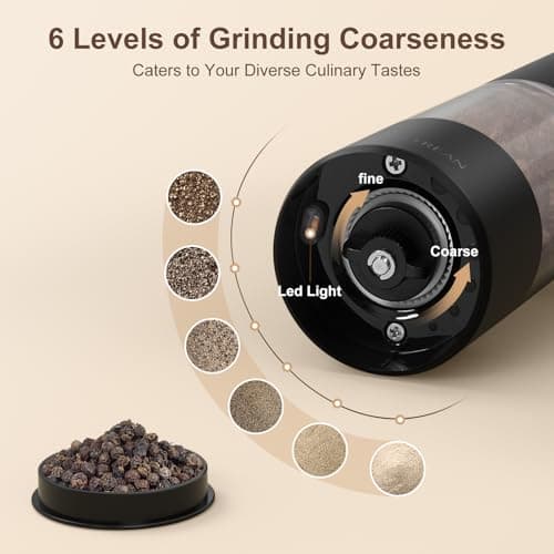 Ultrean Pepper Grinder, Rechargeable Salt and Pepper Grinder with 6 Adjustable Coarseness, LED Light, Automatic Grinder for Kitchen, Home and Kitchen Appliances Birthday Gifts for Women, Black — view 2