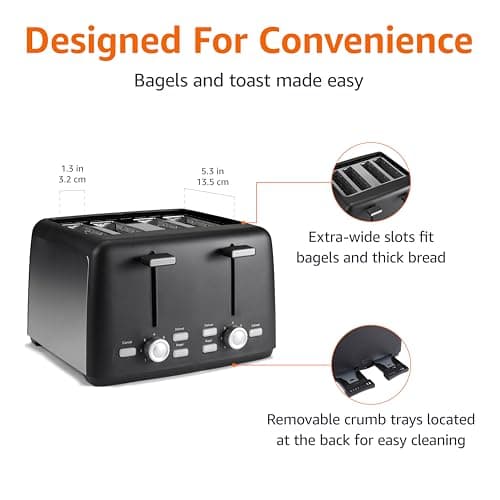 Amazon Basics 4 Slice Toaster, 7 Browning Settings, Extra Wide Slots for Bagels and Specialty Breads, Removable Crumb Tray, Cancel/Defrost/Bagel Buttons, 1500W, Black & Silver — view 2