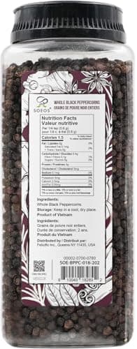 Soeos Black Peppercorns, 18oz (Pack of 1), Non-GMO, Kosher, Packed to Keep Peppers Fresh, Peppercorn for Grinder Refill, Whole Peppercorns