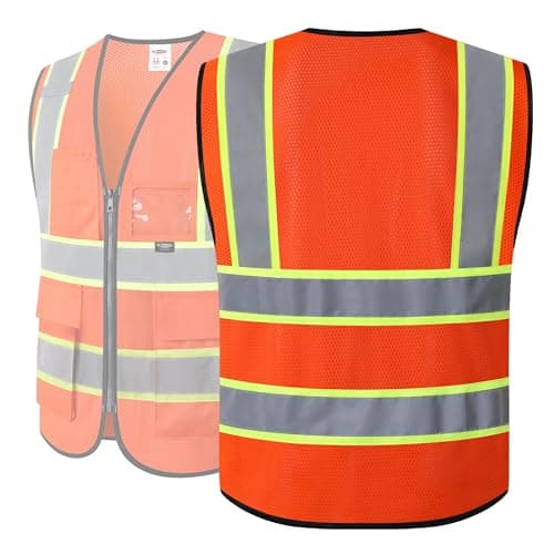 JKSafety Safety Vest for Men Women Hi Vis Vest with Pockets and Zipper Front Class 2 High Visibility Meet ANSI Standard Orange Color Extended Yellow Strips (BX320-Orange L) — view 4