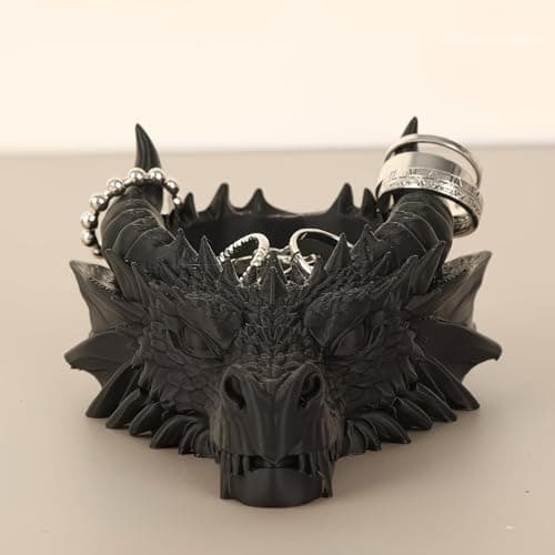 Gothic Dragon Head Jewelry Tray, Dark Fantasy Desktop Organizer, 3D Printed Dragon Figurine Key Bowl, Mythical Creature Decor for Office Home - Black — view 2