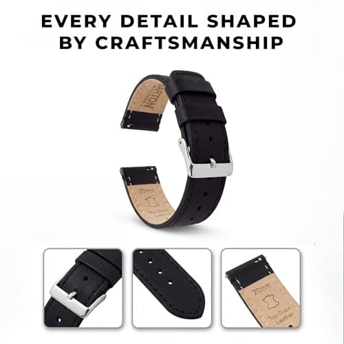 BARTON WATCH BANDS Quick Release Top Grain Leather Watch Band Strap, Black Leather/Black Stitching, 22mm — view 2