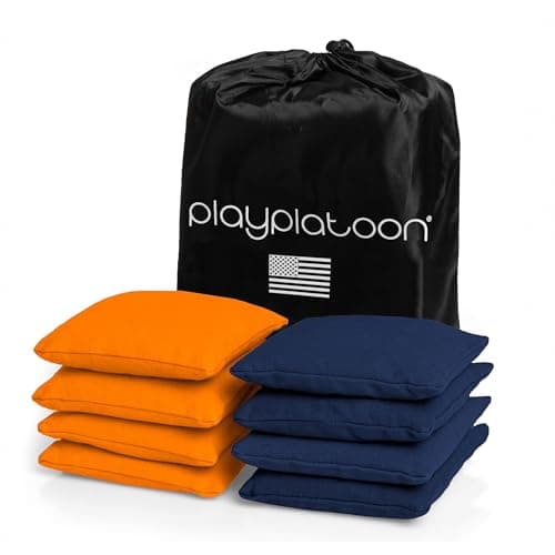 Play Platoon Weather Resistant Cornhole Bags - Set of 8 Regulation Size - Orange & Navy Blue - Durable Duck Cloth for Tossing Game, Includes Tote Bag