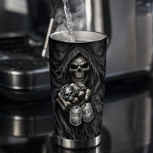 20oz Skull Devil Tumbler, Reaper Skull, Goth, Gothic Gifts, Gaming, Gamer Gifts, Coffee Tumbler for Men, Stainless Steel Double Wall Vacuum Insulated Coffee Mug, Travel Cup with Lid — view 3