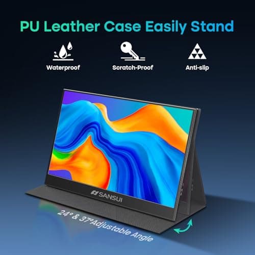 SANSUI Portable Monitor 15.6 Inch FHD 1080P Travel Monitor for Laptop, USB C HDMI Ultra-Thin IPS Computer Display with Speakers & PU Leather Stand Cover, for PC Mac mini Phone Switch Gaming — view 3