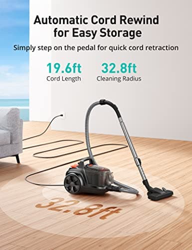 Aspiron Canister Vacuum, Upgraded 1600W Bagless Canister Vacuum Cleaner, Auto Cord Rewind, H13 HEPA Filter, 4Qt Large Capacity, 5 Tools for Hard Floors, Carpet, Pet, Upholstery, Car, Apricot — view 4