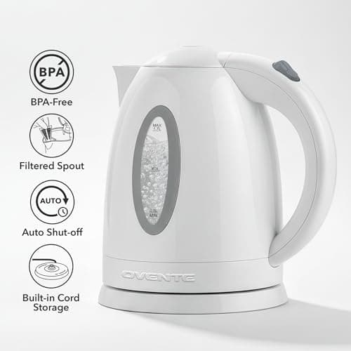 OVENTE Electric Kettle, 1.7L Fast Boiling Water Heater for Coffee or Tea, BPA Free with Water Level Gauge, Auto Shut-Off, Boil-Dry Protection, Indicator Light and Removable Filter, White KP72W — view 2