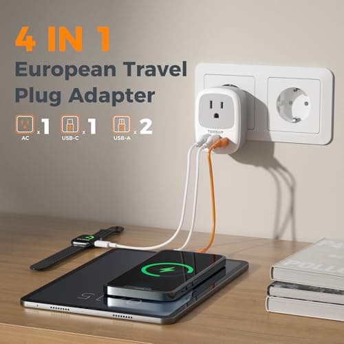 Canada to European Travel Adapter 2 Pack, TESSAN Plug Adaptor with 1 Outlet and 3 USB Ports(1 USB C), Type C Power Plug for Most of Europe Finland, France, Germany, Greece, Italy, Korea — view 5