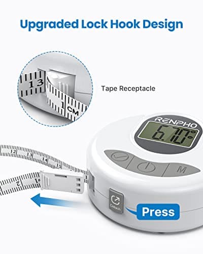 RENPHO Body Measuring Tape, Bluetooth Smart Tape Measure with Lock Hook & Retractable Function, Accurate Body Fat Measurement Device for Weight Loss, Muscle Gain, Fitness Bodybuilding, 60in /150cm — view 3