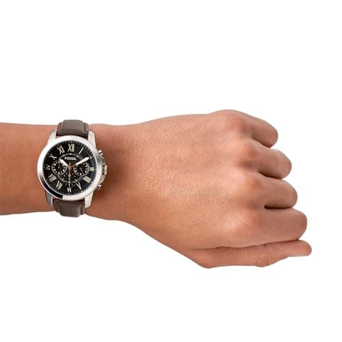 Fossil Men's Watch, Grant Quartz Stainless Steel and Leather Chronograph Watch for Men, Color: Silver, Brown — view 3