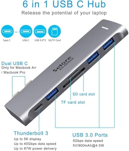 USB C Adapter for MacBook Pro/Air M1 M2 M3 2021 2020 2019 13" 15" 16", 6 in 1 USB-C Hub MacBook Pro Accessories with 3 USB 3.0 Ports,USB C to microSD/SD Card Reader and 100W Thunderbolt 3 PD Port