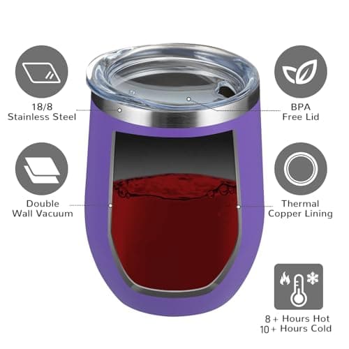 MEWAY Stemless 12oz Wine Tumbler Glasses with Lid -Insulated Double Wall Vacuum Stainless Steel Travel Tumbler with Straw,Gift for Woman Under 10 Dollars (Purple,1) — view 2