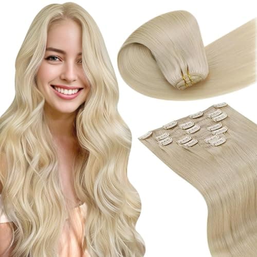 LaaVoo Clip in Hair Extensions Real Human Hair Blonde Hair Extensions Clip ins Bleach Blonde Human Hair Clip in Extension Straight 22 Inch 7pcs 120g