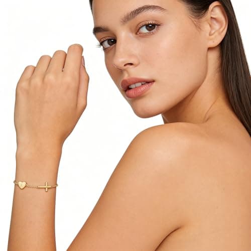 Lunvky 14k Gold Plated Initial Cross Bracelets for Women, Silver Dainty Cute Heart Name Letter Bracelet for Teen Trendy Stuff Confirmation Religious Christian Jewelry Birthday Jesus Gifts — view 3