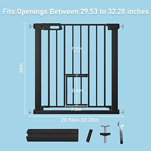 Baby Gate with Small Pet Door 29.5"-32.2" Inch Wide Black, Walk Through Dog Gate for Stairway Doorway Halway - Safety Child Gates Auto Close for The House