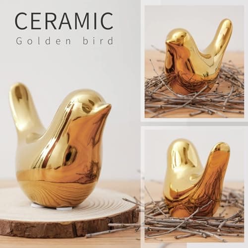 2Pcs Gold Ceramic Bird Figurines, Shiny Metallic Decorative Bird Sculptures for Home, Shelf, Desk, Table, Holiday and Party Decor, Premium Gift for Living Room Bedroom Office — view 3