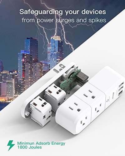 USB Outlet Extender Surge Protector - with Rotating Plug, 6 AC Multi Plug Outlet and 3 USB Ports (1 USB C), 3-Sided Swivel Power Strip with Spaced Outlet Splitter for Home, Office, Travel — view 3