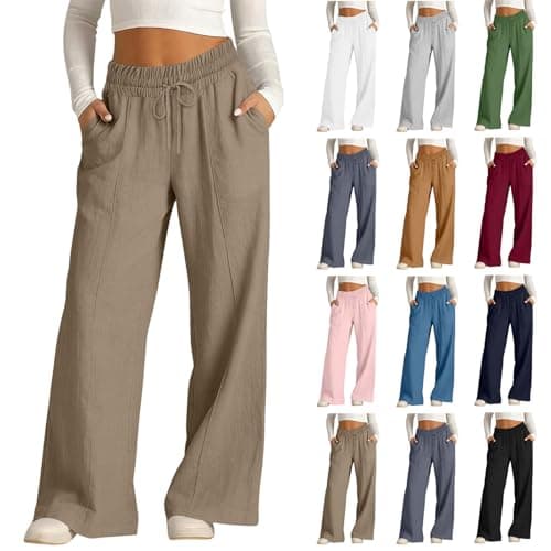 Rseomihvy Women's Cotton Linen Pants Summer Straight Wide Leg Trousers Drawstring Elastic Waist Loose Beach Vacation Outfits Khaki