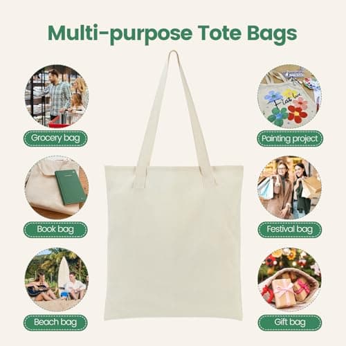 Carbrea 12 Pack Canvas Tote Bag - Lightweight Thin Tote Bags Bulk Blank Shopping Reusable Grocery Bags for DIY Gift Sublimation Activity - Beige — view 6