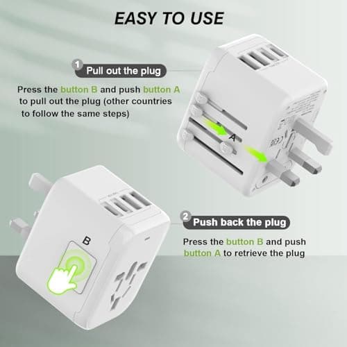 VYLEE Universal International Power Travel Plug Adapter, 5 in 1 European Travel Plug Adapter W/ 3.5A 2xUSB-A and 2xUSB C Wall Charger and Worldwide AC Outlet for Europe USA UK AUS Asia (White) — view 3