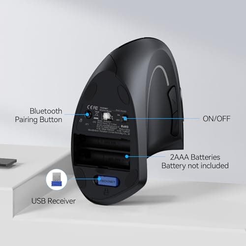TECKNET Ergonomic Mouse, Wireless Bluetooth Vertical Mouse, 4800 DPI Optical Tracking, 6 Adjustable DPI, Quiet Clicks, 2.4GHz with USB A Receiver, 12 Months Battery, 6 Buttons, Wide Compatibility — view 4
