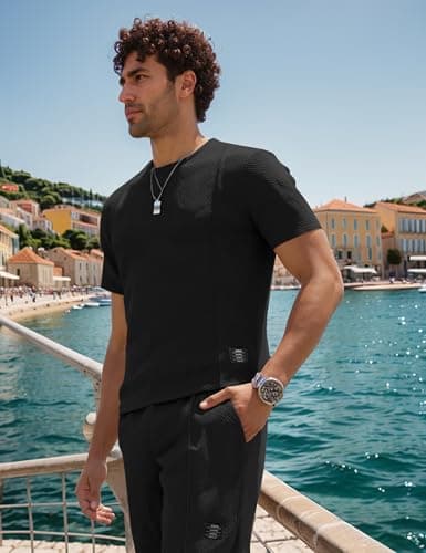 UOUA Mens Short Sets 2 Piece Summer Outfits Casual Short Sleeve Crew-Neck Shirts & Shorts Track Suit Jogging Loungewear, Black XL — view 3