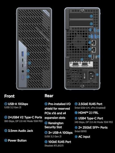 MINISFORUM MS-02 Ultra Mini Workstation PC, Intel Core Ultra 9 285HX (24C/24T, up to 5.5GHz), PCIe 5.0 x16, 4× DDR5 Slots, 4× M.2 Slots, USB4 v2 80Gbps, Dual 25GbE+10GbE+2.5GbE, Wi-Fi 7, 350W PSU — view 8
