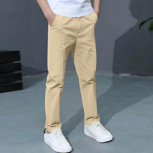 Boys Pants Elastic Waist Trousers Youth Chinos Trousers Pull On Relaxed School Uniform Pants Comfort Twill Pants Khaki