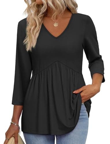 3/4 Length Sleeve Womens Tops 2026 Fall Clothes Summer Clothes Blouses for Women Business Casual Outfits Fashion Clothing Black Tops S