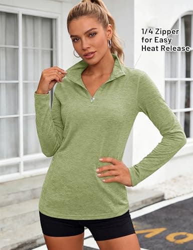 MAGCOMSEN Women Sun Shirt Long Sleeve Rash Guard Quick Dry Tops Quarter Zip Pullover Hiking Workout Running Athletic Shirts Wheat Green M — view 4