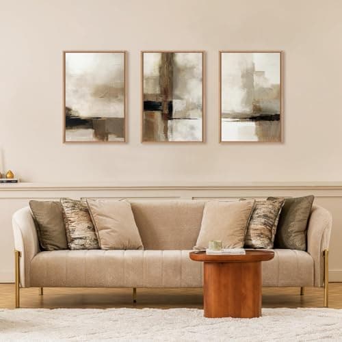 Ausril Large Abstract Neutral Framed Canvas Wall Art Set,Brown Beige Wall Decor,Minimalist Black Wall Painting,Modern Brush Stroke Line Art Print for Living Room,Bedroom,Office- 16"x24"x3