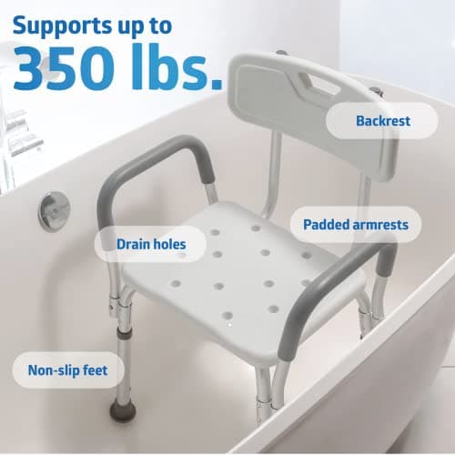 Medline Shower Chair Seat with Padded Armrests and Back | Heavy Duty Shower Chair for Bathtub | Slip Resistant Shower Seat with Adjustable Height | Shower Chair for Inside Shower with 350 lb Capacity — view 4