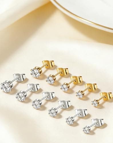 6 Pairs Stud Earrings Set, Hypoallergenic Cubic Zirconia Earrings, Silver 14K Gold Plated 316L Stainless Steel CZ Earring for Women Men 3-8mm (Gold - 6 Pairs) — view 6