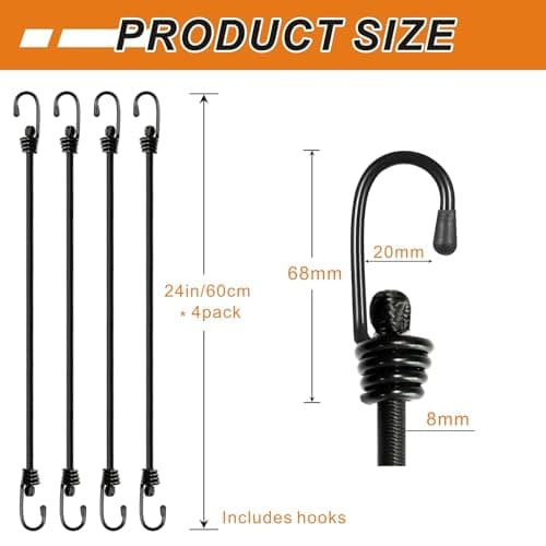 BEXSLE Bungee Cords with Hooks, Heavy Duty Outdoor Elastic Bungee Straps，No Odour Industrial Grade Bungee Rope for Securing Tarps, Luggage, Tents, Bikes or Garden Tidying 24inch 4Pcs (Black) — view 4