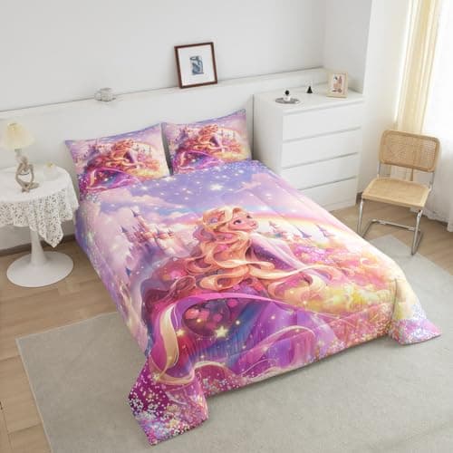 Princess Comforter Set for Boys Girls,Fairy Tale Dreamy Castle All Season Cozy Bedding Set Full Size,Watercolor Flowers Rainbow Starry Fantasy Girly Duvet Set Bedroom Decor — view 2