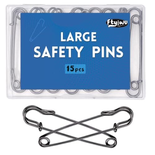 Ftyiwu Safety Pins, 3 Inch 15 Pack Large Safety Pin, Heavy Duty Safety Pins for Clothes, Diapers, Blankets, Laundry, Leather Canvas, DIY Crafts (Gun Black)