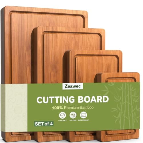 Zeawec 4-Piece Set Deep-Carbonized Bamboo Cutting Board for Kitchen - Crack-Resistant Wood Chopping Boards with Deep Juice Grooves, Pre-Oiled Butcher Block for Meat, Vegetables & Cheese, Carbonized