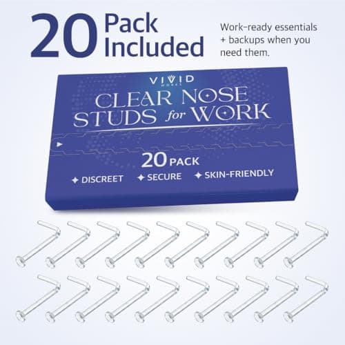 Vivid Works Clear Nose Studs for Work 20 Pack 18 Gauge - Clear Nose Rings 1mm | Invisible Flat Stud Plastic Piercing Retainer Cover for Surgery - Piercing Jewelry for Women and Men — view 3