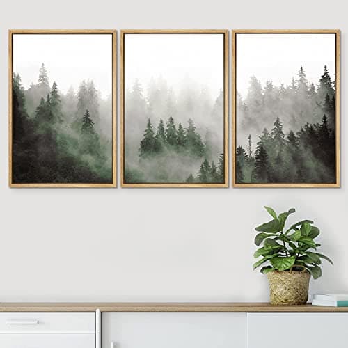 SIGNFORD Misty Forest Framed Wall Art, Green Nature Wall Art, Foggy Pine Landscape Wall Art - 16"x24" x3 Panels — view 2