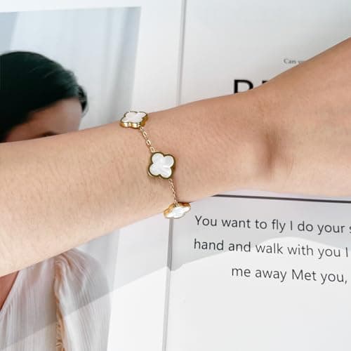 AIPPK 18K Gold Plated Clover Lucky Bracelet for Women White/Black/Red/Green Flower Four Leaf Link Bracelets Trendy Jewelry Gifts for Women (White) — view 6