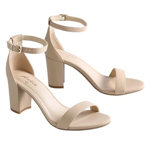 Ankis Nude Heels for Women - Open Toe Ankle Strap Chunky Heel Pump Sandals Party Wedding Strappy Buckle Sandals 2.75 Inches(Nude Nubuck, numeric_8)