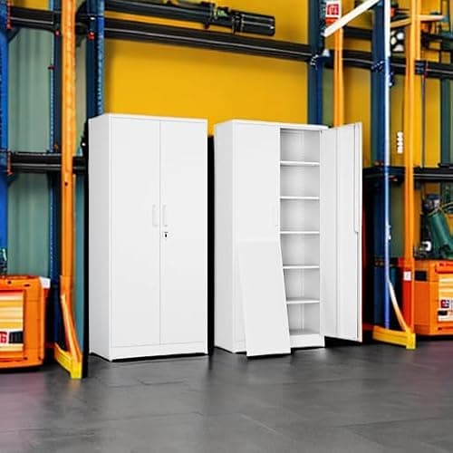 Yizosh Metal Garage Storage Cabinet with 2 Doors and 5 Adjustable Shelves - 71" Steel Lockable File Cabinet,Locking Tool Cabinets for Office,Home,Garage,Gym,School (White) — view 5