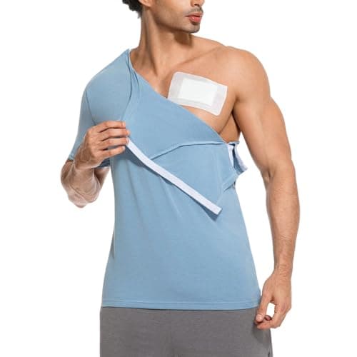 RefindWin Mens Post Shoulder Surgery Shirt Short Sleeve Tear Away Shirts Adaptive Clothing Men Chemo Port Shirts Blue XL