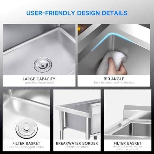 47.2" x 33.5" x 19.7" Stainless Steel Utility Sink, Freestanding Single Bowl with Hot & Cold Water Faucet & Undershelf, Commercial Kitchen Laundry Bathroom Garage Garden Sink — view 4