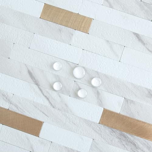 AULIGET 20 Sheets Faux Stone White Marble Peel and Stick Backsplash, PVC Mixed Metal Champagne Gold Wall Tile Stick on Backsplash for Kitchen and Bathroom — view 2