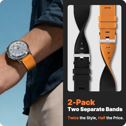 Fullmosa 2 Pack Silicone Watch Bands 20mm 22mm Quick Release Watch Straps for Men Women, Soft Rubber Replacement Band Compatible with Garmin Seiko Samsung Galaxy with Stainless Steel Buckle, Includes Spring Bar Tool,20mm,Black/Black-Orange/Silver Buckle — view 2