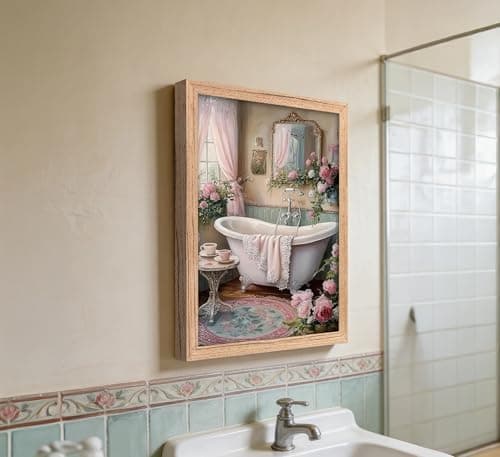 Pink Flowers Theme Bathroom Canvas Wall Art Vintage Bathtub Painting Picture Wall Decor Floral Botanical Poster Print Artwork for Toilet bedroom Restroom Home Decoration — view 2