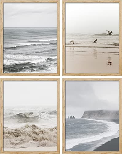 SIGNWIN Framed White Minimal Ocean Beach Seashore Coastals Wall Art, Set of 4 Landscape Colorful Wall Decor Prints, Nature Wilderness Wall Décor for Living Room, Bedroom - 11"x14" Natural