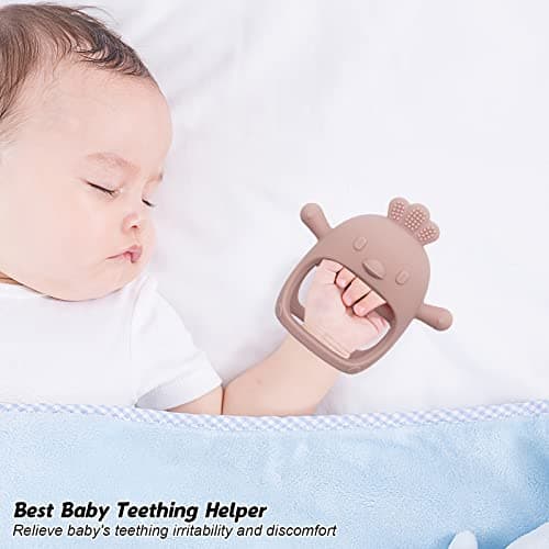 Baby Teething Toys, 2 Pack Teether for Baby, Silicone Mitten Teething Toys for Babies, Baby Teethers Toys 0-3-6-12 Months, Chew Toys Hand Pacifier for Soothing Teething Pain Relief (Beige/Pink) — view 2