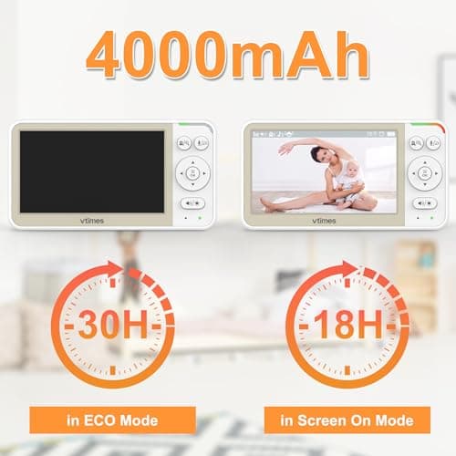 VTimes Baby Monitor No WiFi, 5" Screen Video Baby Monitor with 32Hr Battery, Pan-Tilt-Zoom Camera, VOX Mode, Two-Way Audio, Night Vision, Temperature Display, Lullabies, 1000ft Long Range — view 2